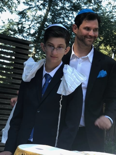 Online bar/bat mitzvah lessons at Jewtor - our student, D., with his dad at his bar mitzvah